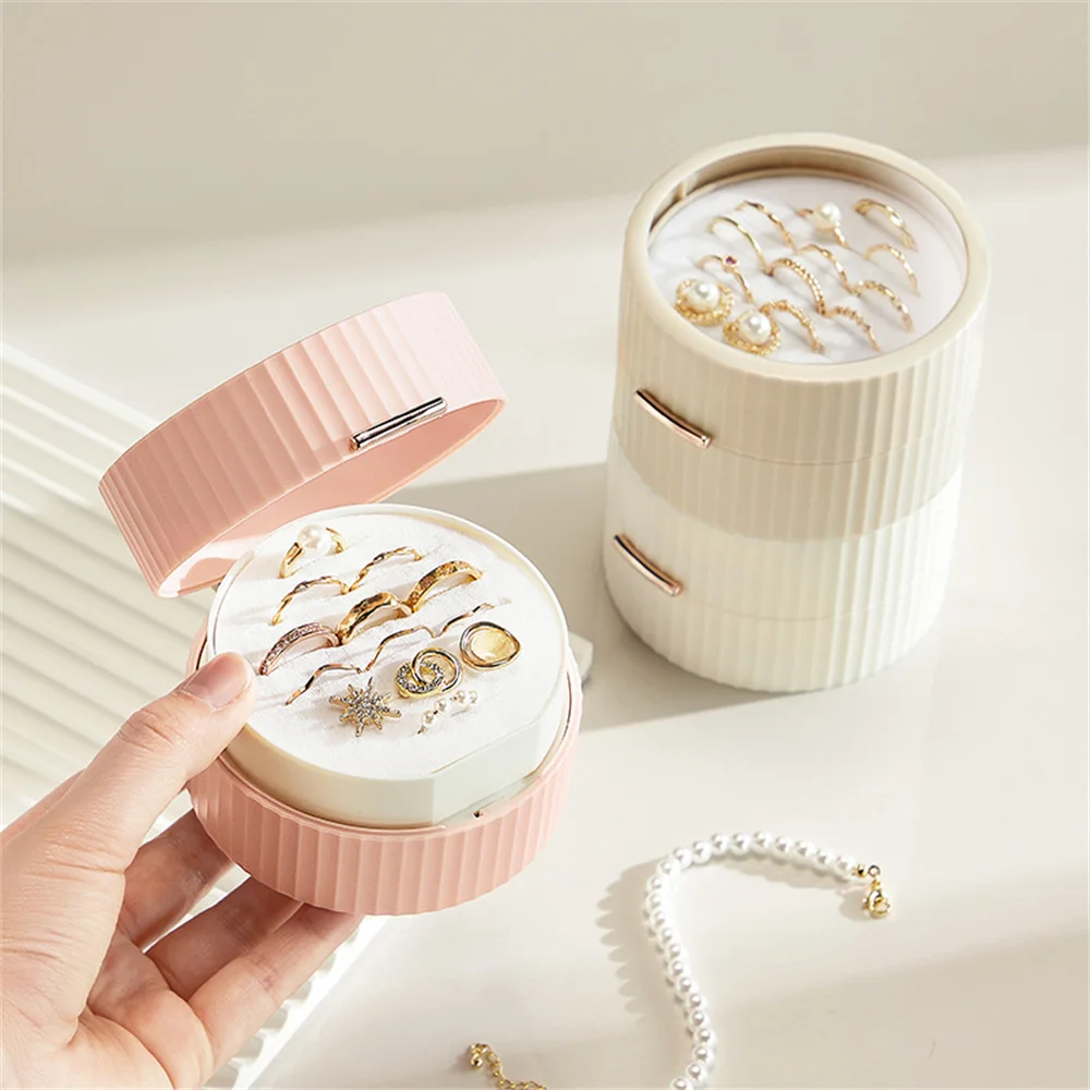 Portable Mini Double-Layer Jewelry Box Round Earrings Ring Necklace Organizer Display Travel Portable Jewelry Storage Case