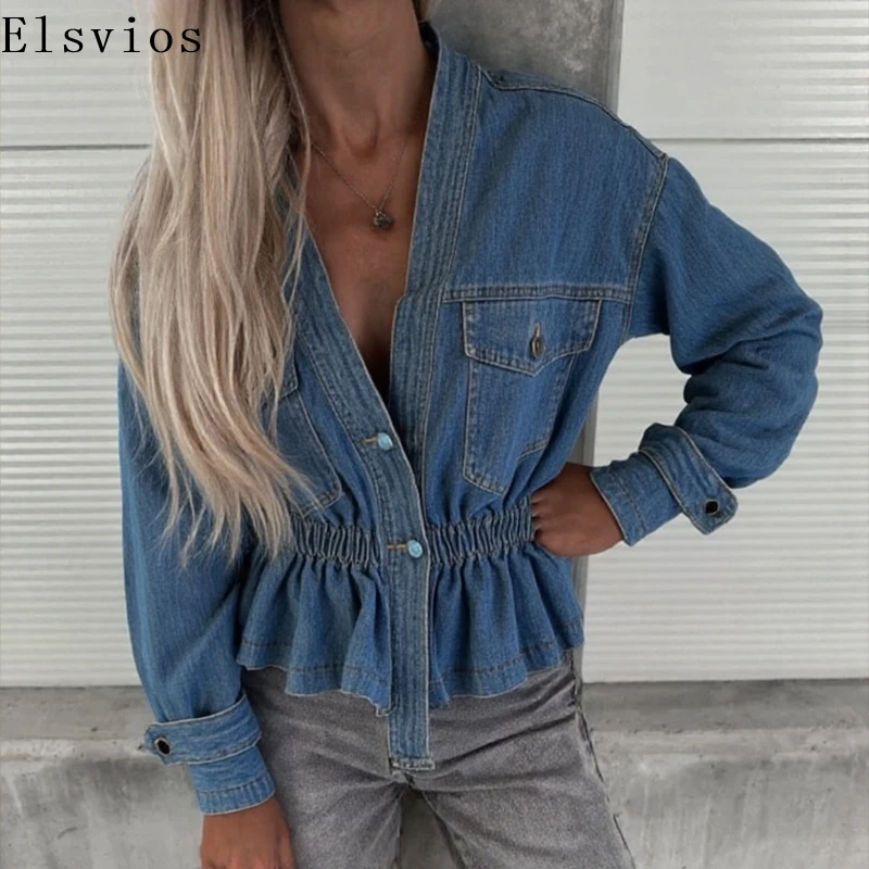 Elegant Single Breasted V Collar Shirts Spring Autumn New Women Swing Ruffles Tops Luxury Solid Long Sleeve Denim Office Blouse