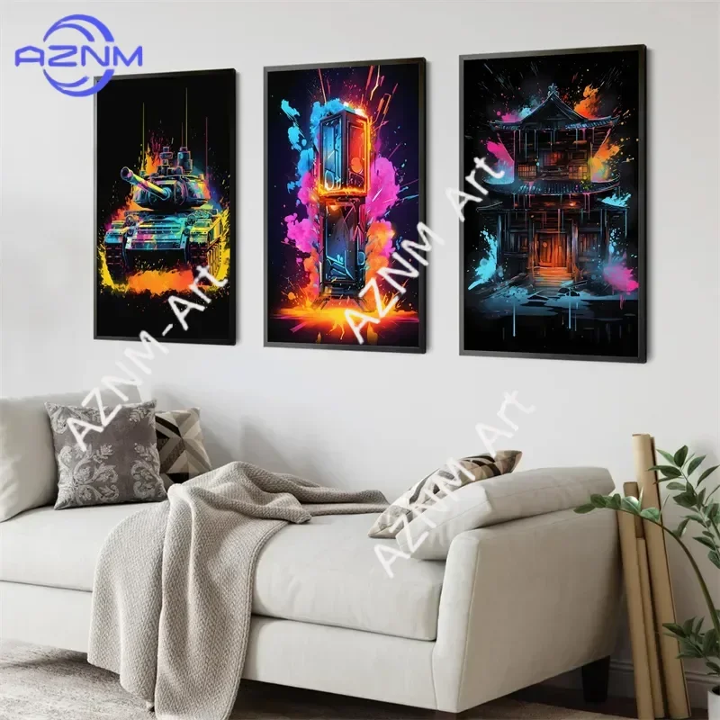 Pop Neon Video Game Character Poster Gamepad Headphones Football Basketball Canvas Print Wall Art Decor Gaming Room Decoration