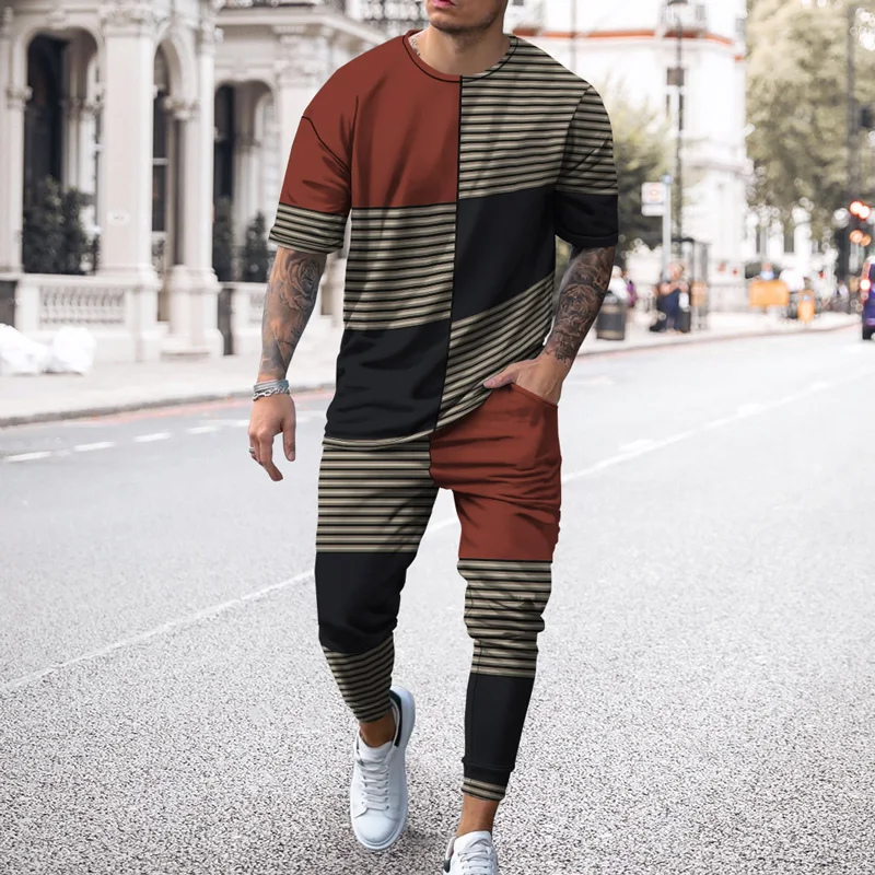 Retro 3D Stripe Printing Short Sleeve T-Shirt Trousers Casual 2-Piece Set Sweatshirt Jogging Pants Harajuku Men's Sportswear