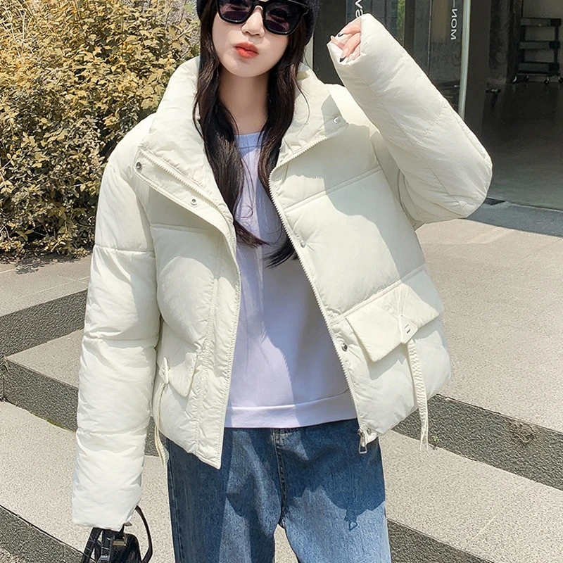 Women's Korean Style Winter Jacket, Parkas, Stand Collar, Monochromatic, Black, White Female Coat, Loose Oversized Short Parka