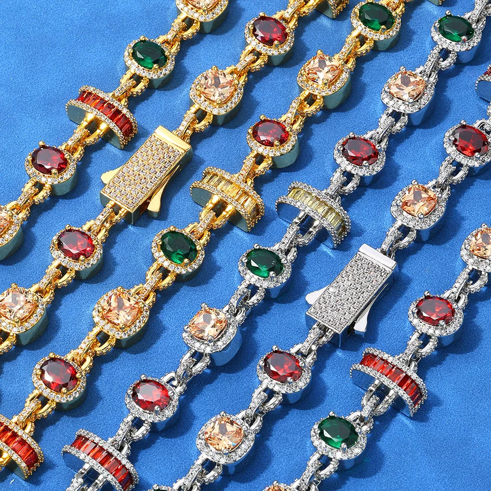 Hiphop Trendy Dazzling Brass Jewelry Iced Out Tennis Chain Gold Plated Bling Colorful Baguette Zircon Link Chain Necklace