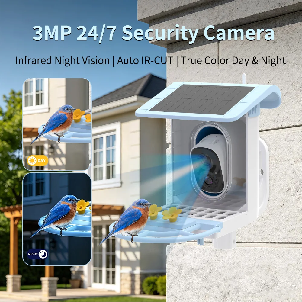 3W Solar Panel With 3MP Bird Feeder Camera 5200mAh Smart AI Recognition PIR Motion Alert 2.4G/5G Wireless IR Night Vision