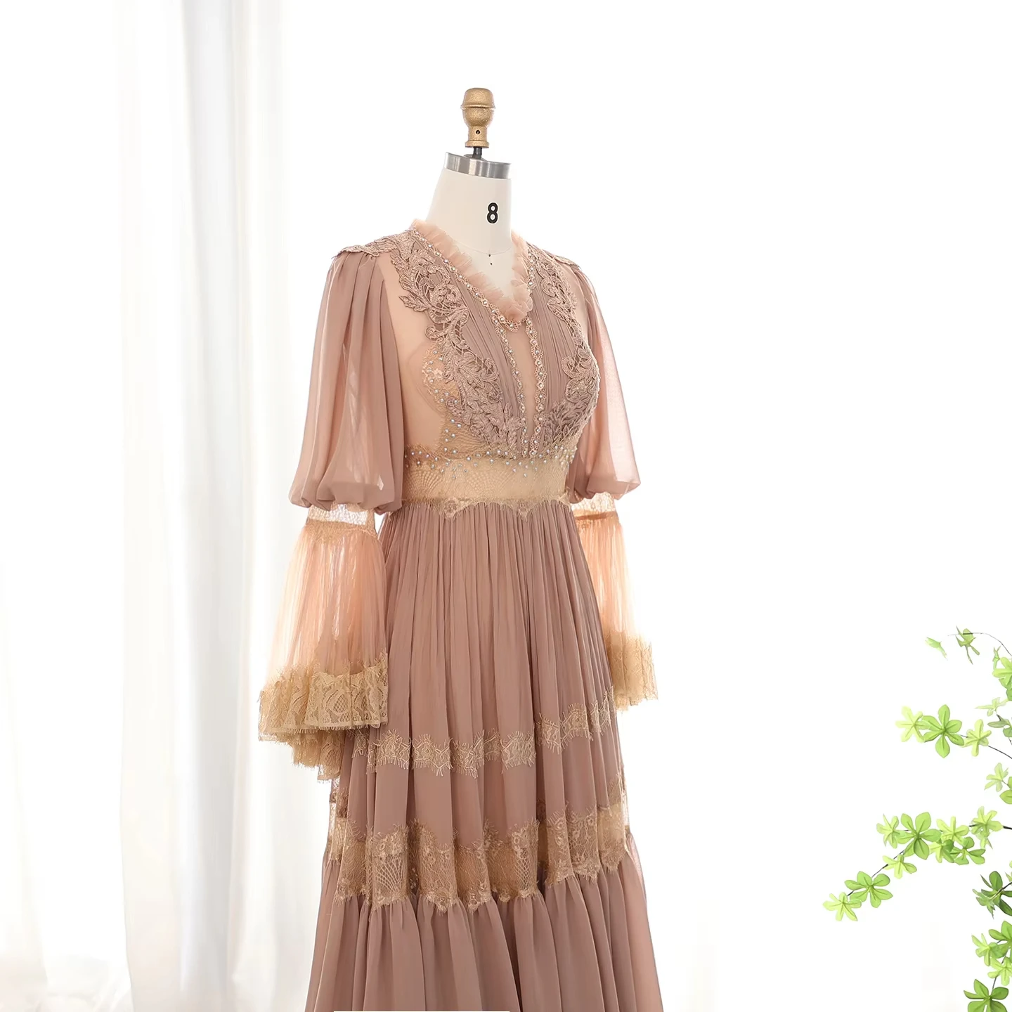 Customized Elegant Peach Lace Muslim Evening Dress Luxury Long Sleeves Arabic Dubai Women Wedding Party Gowns LSZ535 image 5