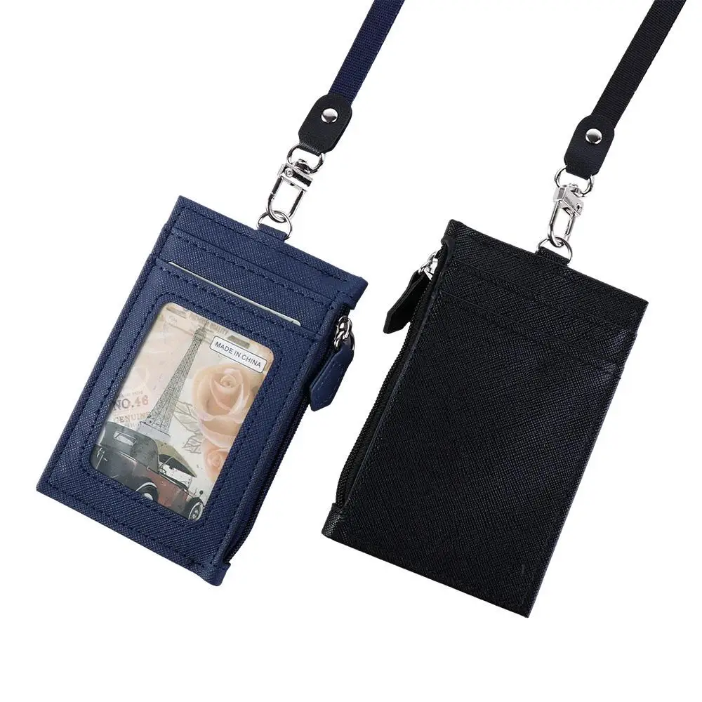 Correa de cuero PU para el cuello para hombre, Mini billetera de negocios para estudiantes, tarjetero de identificación con cordón, monedero, insignia, funda para tarjetas de autobús