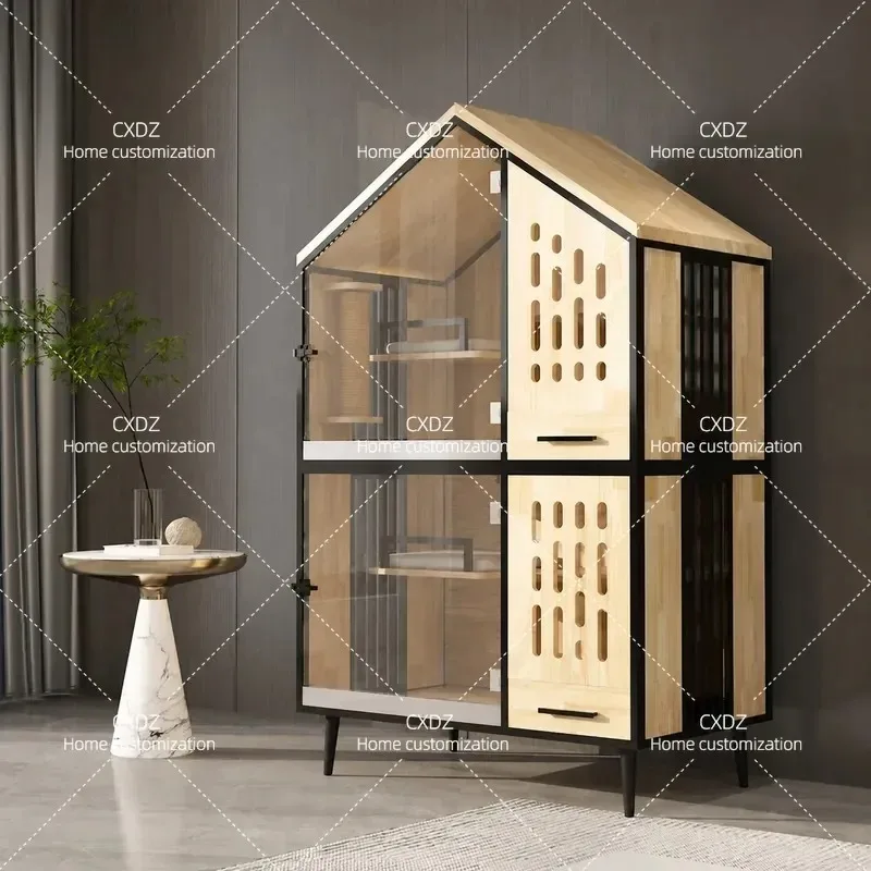 Solid Wood Cat Villa Luxury Multi Level Cat House Stackable Cat Cage with Display Shelf Modern Pet Furniture for Home