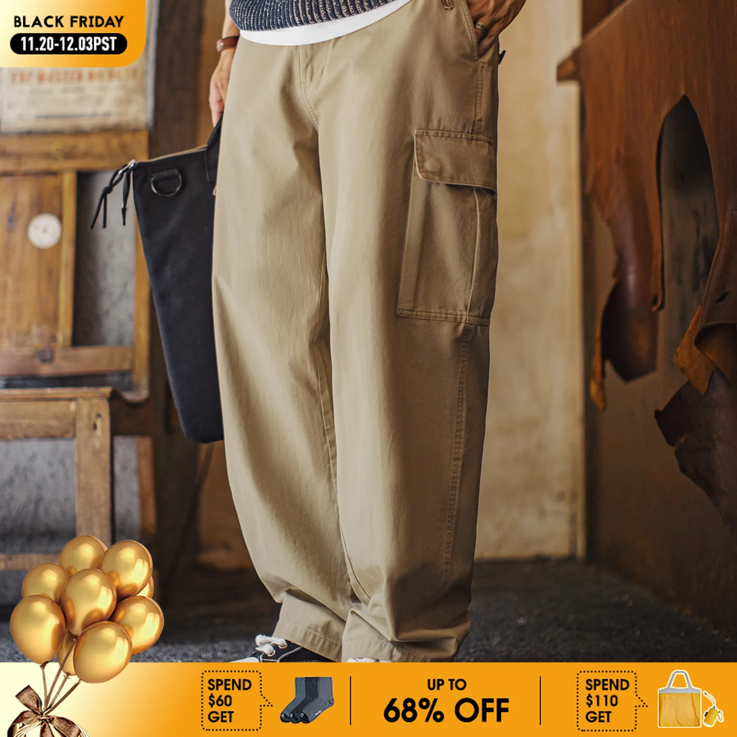 

Maden Vintage M65 Casual Pants with Big Pocket Men 's Khaki Cotton Trousers Straight-Leg Adjustable Waist Long Pants for Autumn