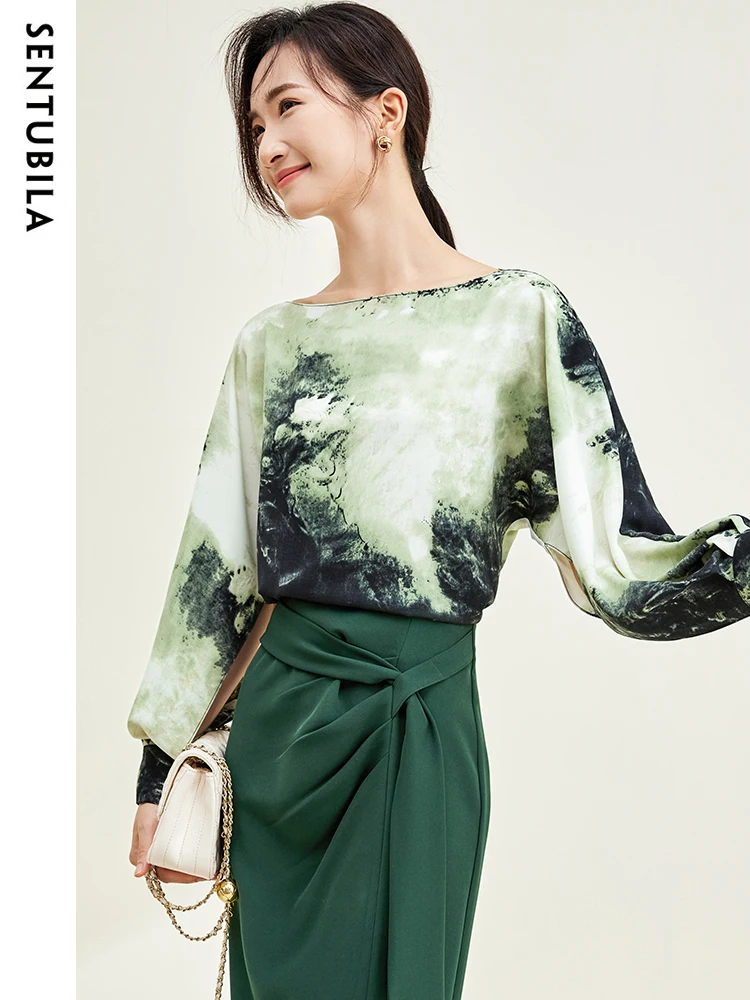 

SENTUBILA Lantern Long Sleeve Chiffon Blouses Women Autumn Fashion Loose Chinese Brush Painting Pullover Female Shirt 133V50954