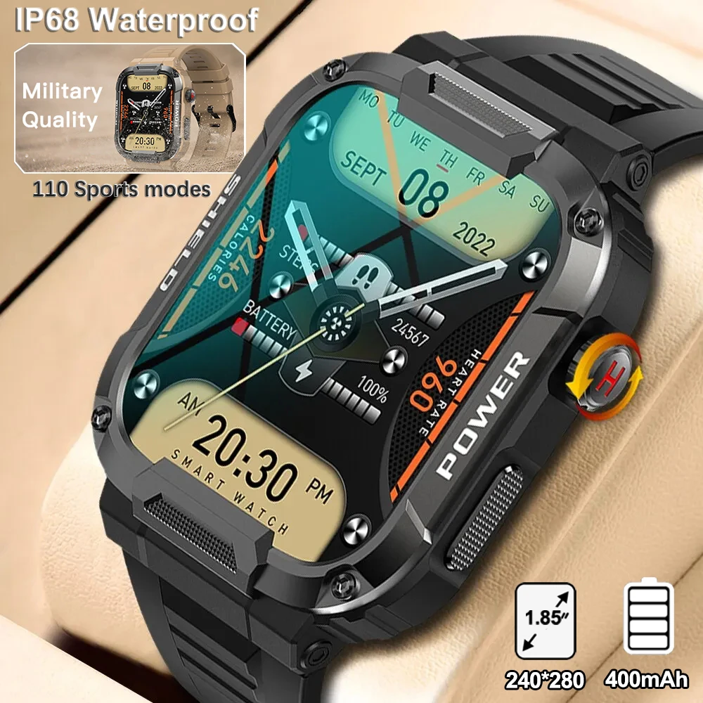 New Rugged Military Smart Watches Men 400mh Large Battery Heart Rate Monitoring 1.85'' Bluetooth Call IP68 Waterproof Smartwatch