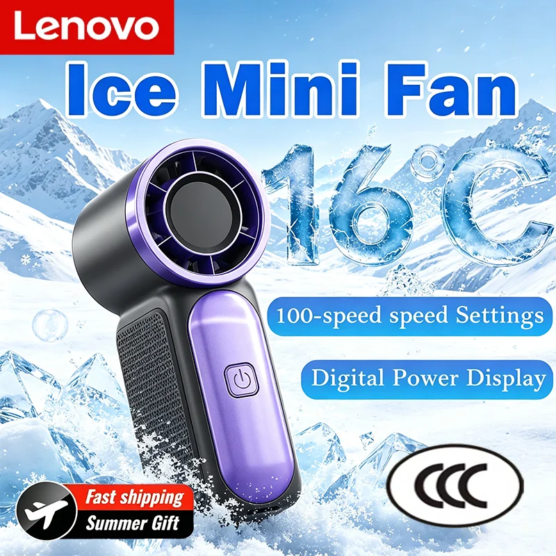 Lenovo Portable Handheld Mini Ice Fan Digital Display Desktop Fan Type c Rechargeable Fan Outdoor 5 Speed Adjust