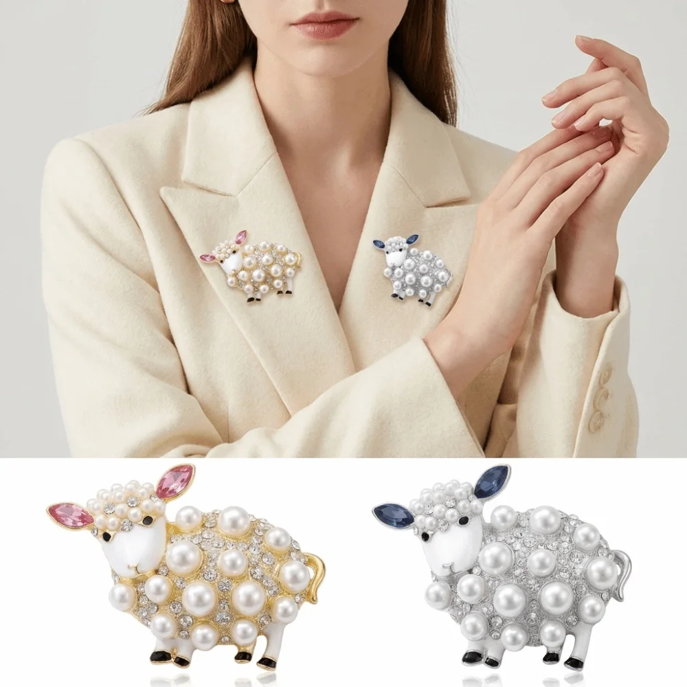 Pearl Sheep Brooch Rhinestone Creative Style Cardigan Closure Pin Cute Sheep Shape Versatile Coat Closure Pin