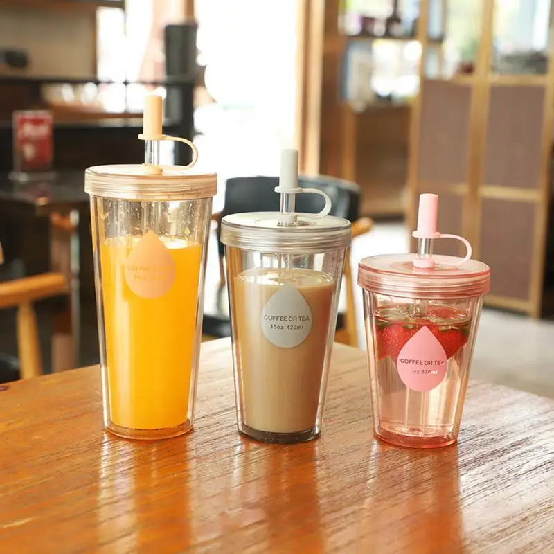 Reusable Iced Coffee Cup Portable Smoothy Mug Parties Drinkware Double Layer Cups With Straw And Lid Iced Tea Holder accessories