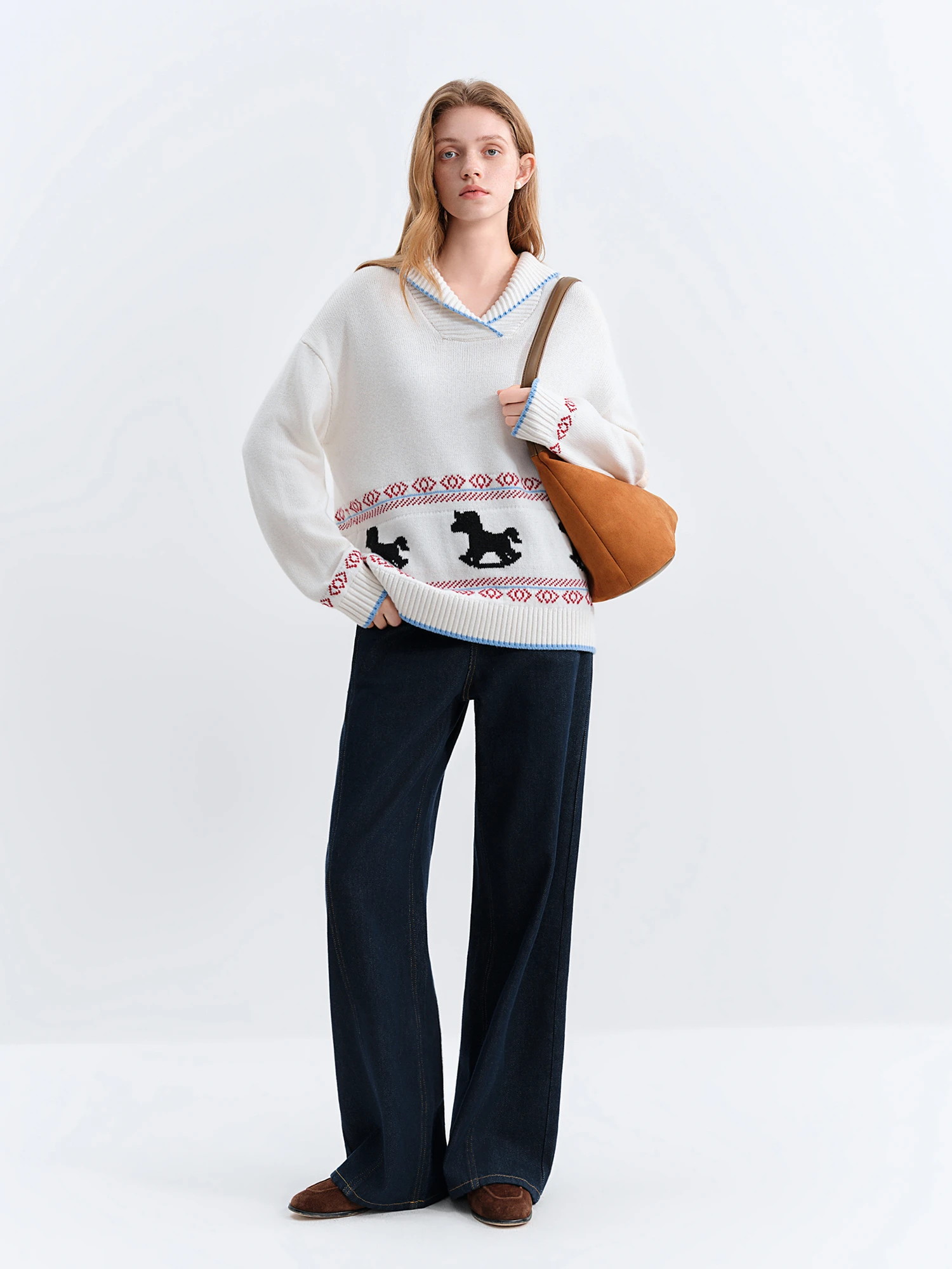 FSLE 2025 hiver femmes col cranté pull en tricot avec motif carrousel ludique-bloc de couleur haut décontracté pour superposition