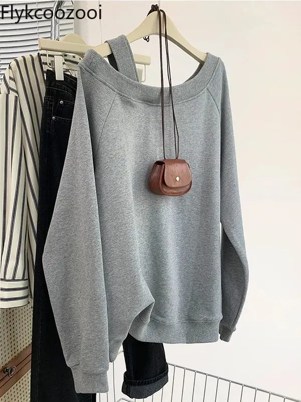 Grey Sexy Off-the-shoulder Design All-in-one Long-sleeved Tops 2024 Fall New Commuter Loose Female LOOSE FIT Sweatshirt Hoodie