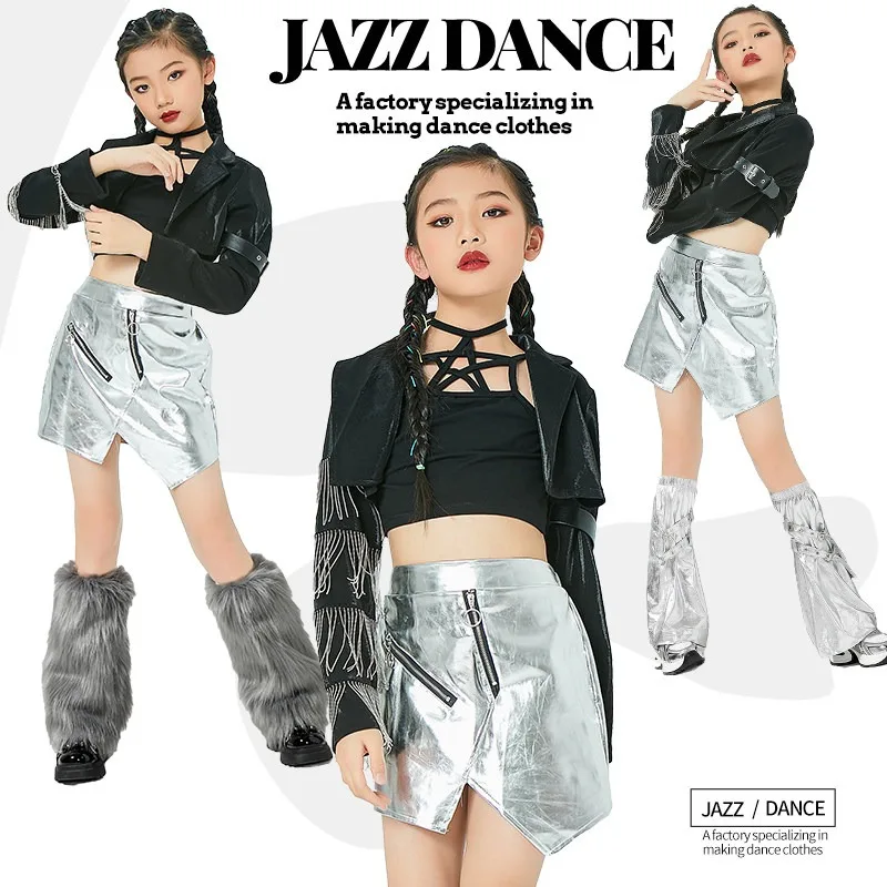 

Kids Girls Punk Hip Hop Stage Outfit Tassel Blazer Star Hollow Crop Top Silver Metallic Skirt Jazz Catwalk Costume Dance Wear