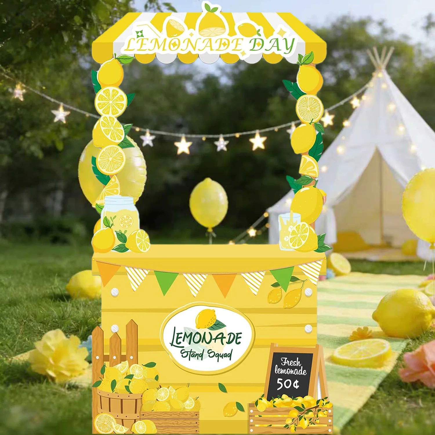 Zitronen-Party-Dekorationen, Sommer-Limonadenstand-Hintergrund, gelber Zitronenladen-Fotohintergrund, Limonadenladen-Banner-Hintergrund
