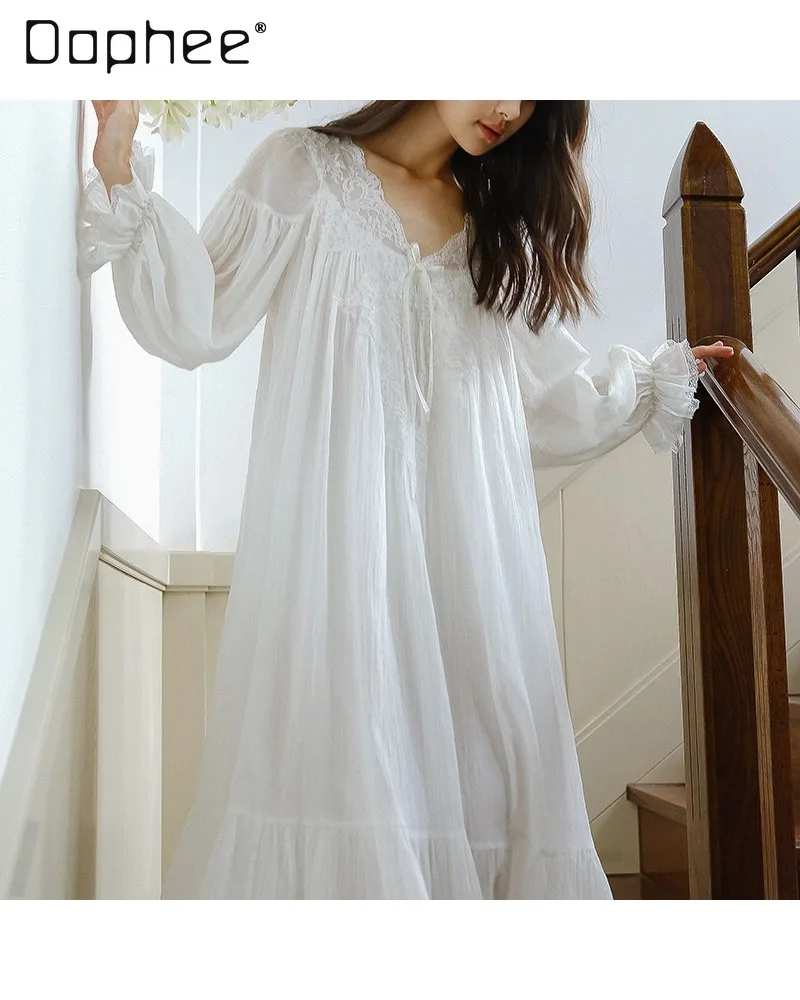 French Vintage V-neck Patchwork Lace Embroidered Nightgown with Loose Lantern Sleeves Comfortable Casual Women Homewear Daily