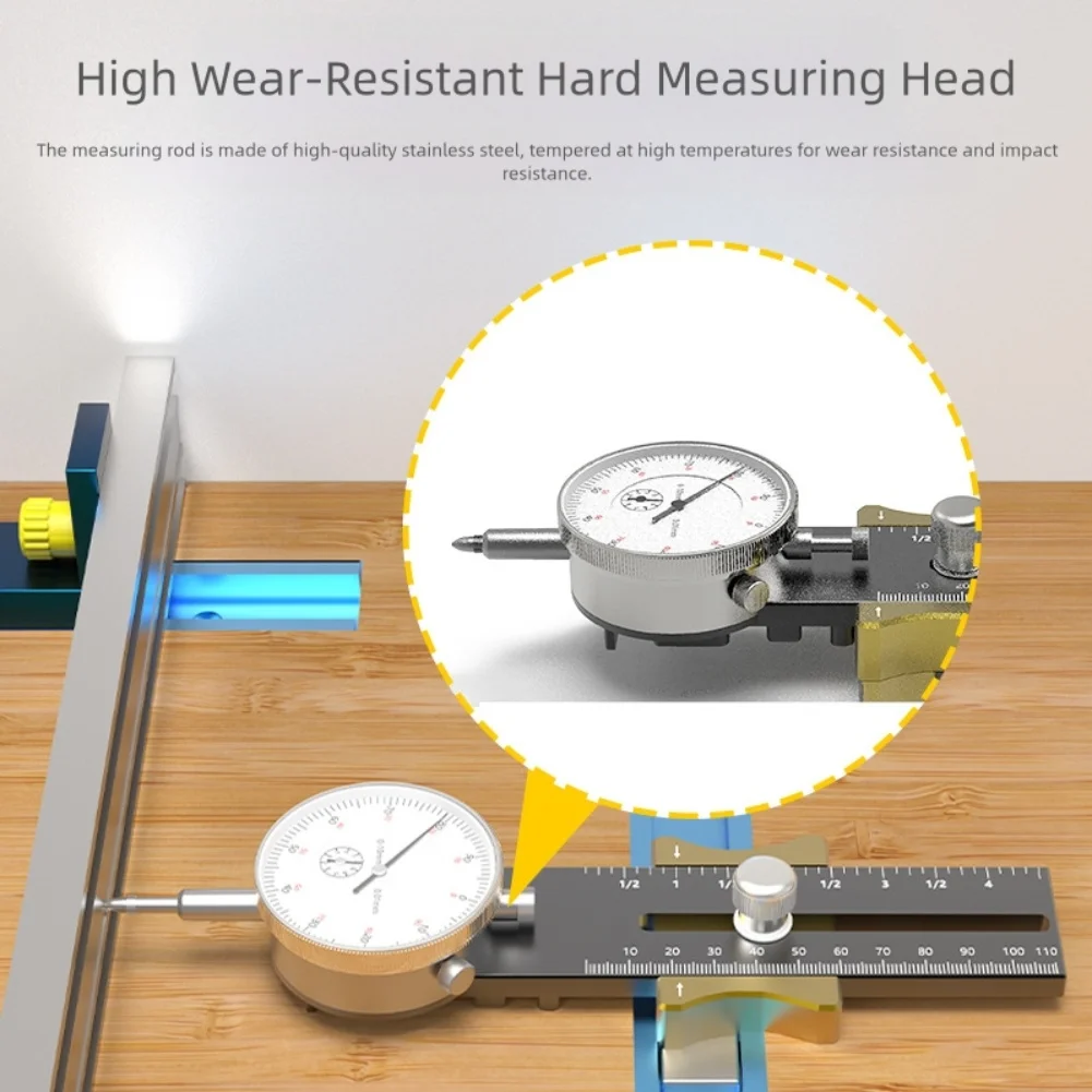 

Workshop dial indicator for table saw and drill calibration with adjustable measuring length and shock resistant dial