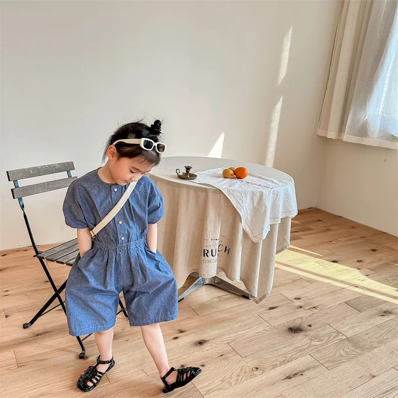 2025 Children's Clothing Summer New Girls' Korean Japanese Version Summer Clothing Denim Shirt Shorts Jumpsuit