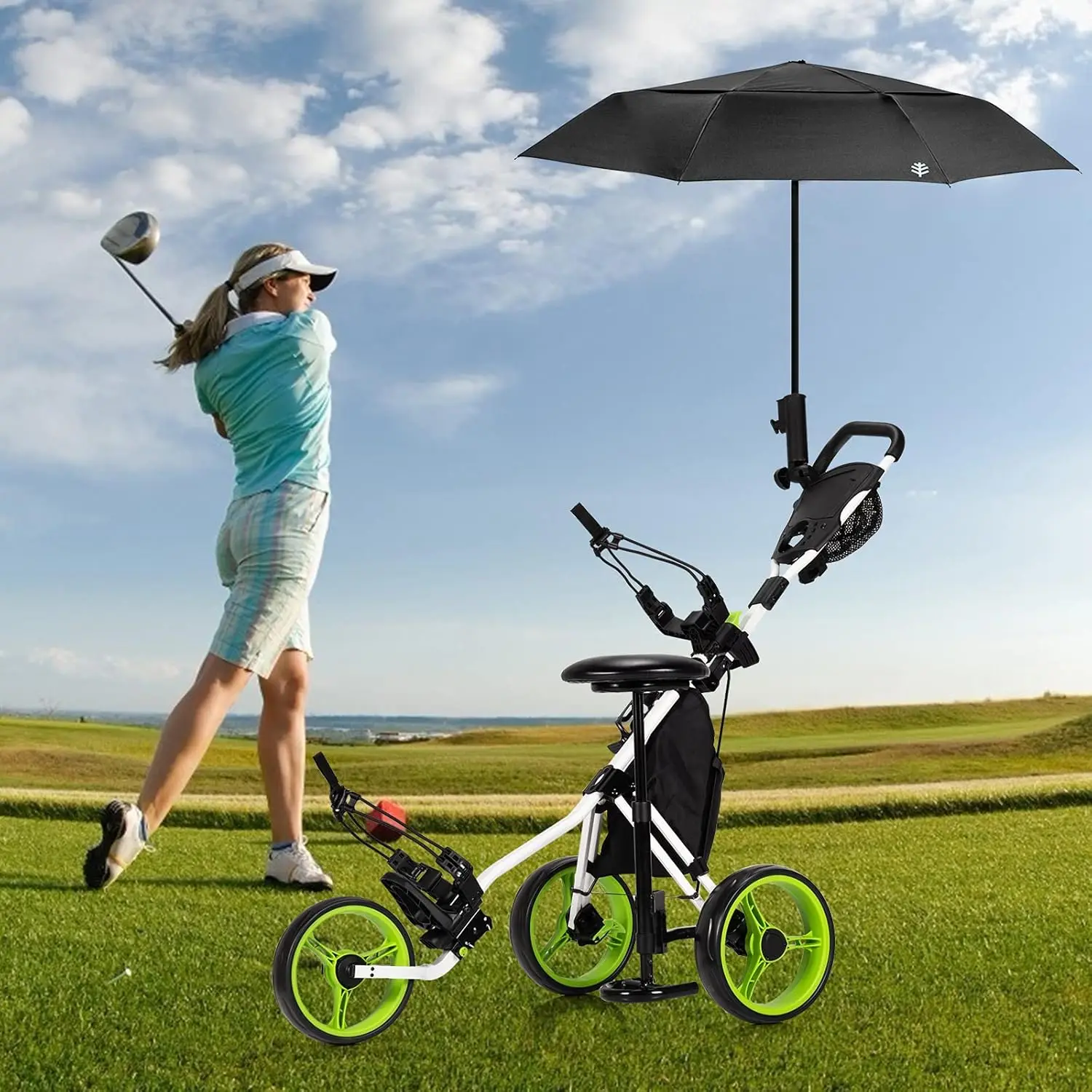 Golf Push Cart, Foldable 3-Wheel Height Adjustable Lightweight Golf Caddy Cart with Umbrella Holder, Hydraulic Seat, Stora