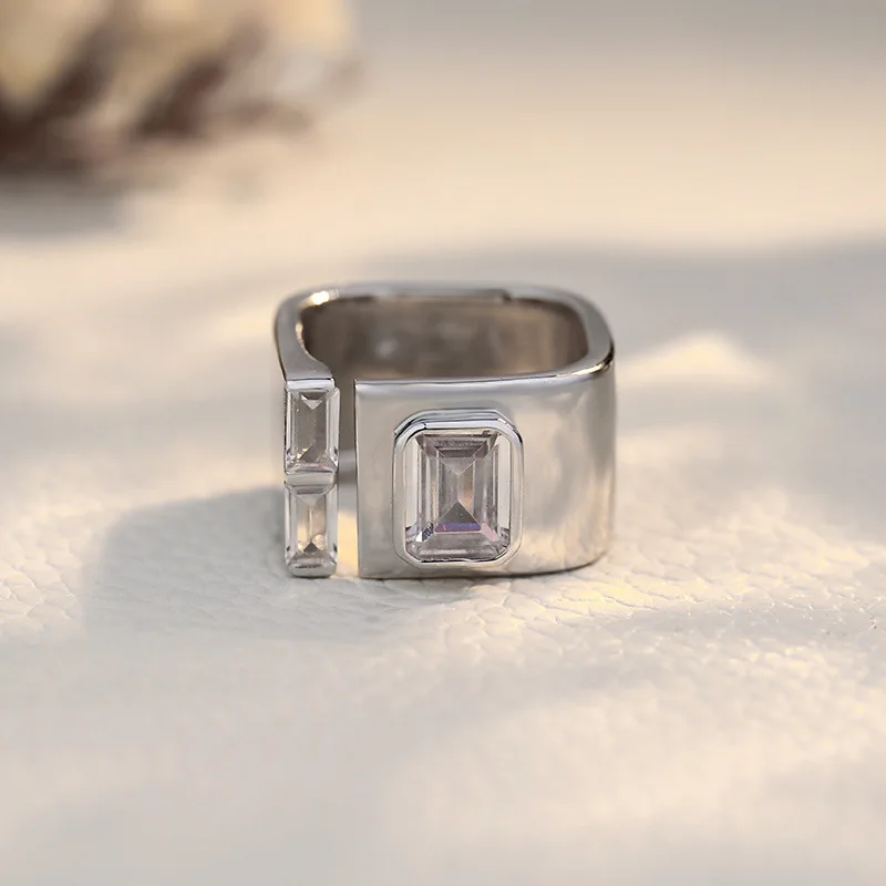 F.I.N.S Original S925 Sterling Silver Geometric Open Ring Luxury Square Cubic Zirconia Punk Rock Minimalist Finger Fine Jewelry