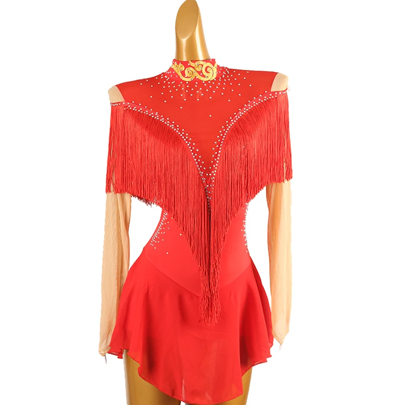 

Figure Skating Dress fringe red Women girl Ice Skating Dress Gymnastics Costume custom crystal rhinestone B068