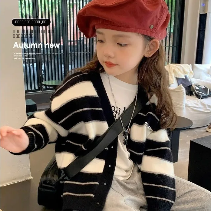 

Girls Knitted Stripe Sweater Fall New Sle Children's Match Parent-Child Clothes Baby Versatile Open Cardigan Mid-Size Kids'...