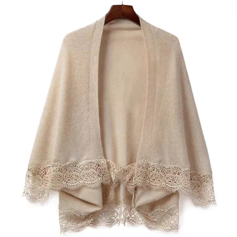 Fashion 100% Merino Wool Women Thin Cardigan Lace Shawl Soft Cashmere Knitwear Solid Color Scarf Korean Style Sweater Grace Top