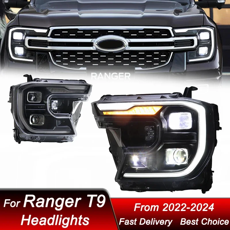 

Поп-стайлинг автомобилей, фары для Ford Ranger T9 2022-2024, новый стиль, полностью светодиодные автомобильные фары в сборе, комплект аксессуаров для линз проектора
