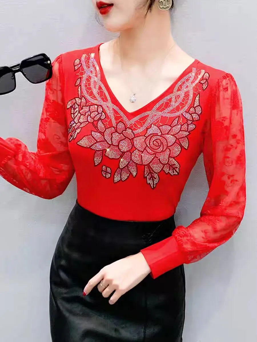 2025년 프렌치 스타일 다이아몬드 세트 프린트 플라워 티셔츠 가을 겨울 여성 우아한 레이스 아트 여성용 코튼 통기성