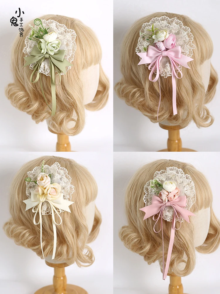 Ribbon Bow Hairband with Hairpins Girls Lolita Lace Ruffled Headband Sweet Embroidery Anime Maid Cosplay Headdress