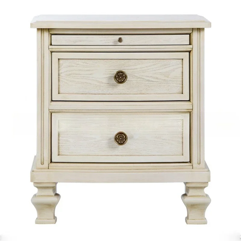 

Американская мебель для прикроватной тумбочки из цельного дерева, простая дубовая белая старая резная тумбочка для хранения вещей