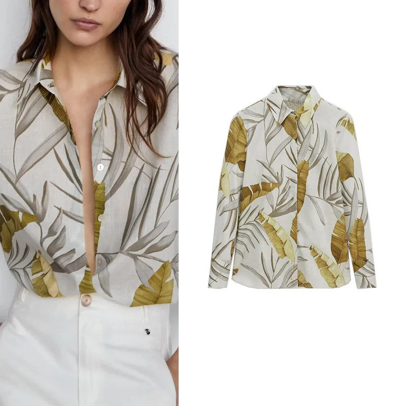 

Loose Long Sve Collar Single Button Retro Tropical Print irt for Women New 2024 MD Fem Faion Polyester Fiber
