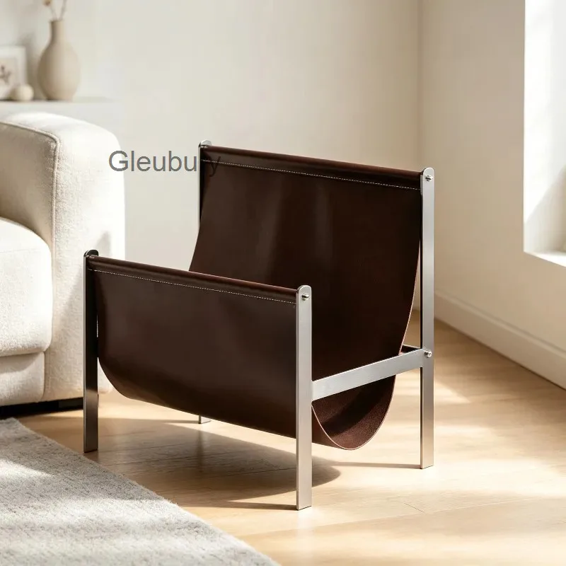 Magazine Leather Vintage Metal Rack Double Layer Book Newspaper Storage Holder Minimalist Book Organizer For Living Room