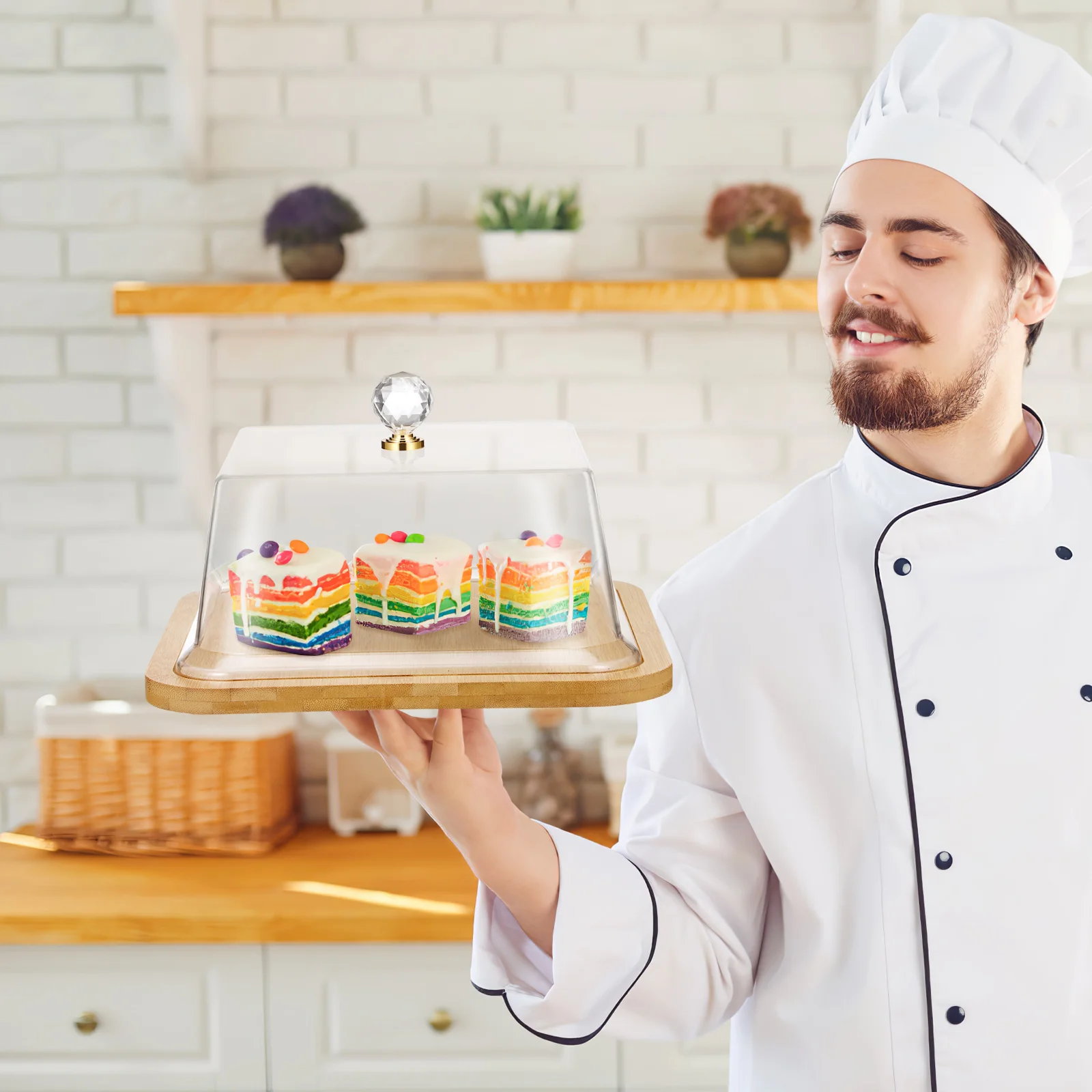 Vassoio espositivo per dessert domestico con coperchio trasparente Piatto di conservazione della torta in legno per supporto per torta coperto per negozio di torte