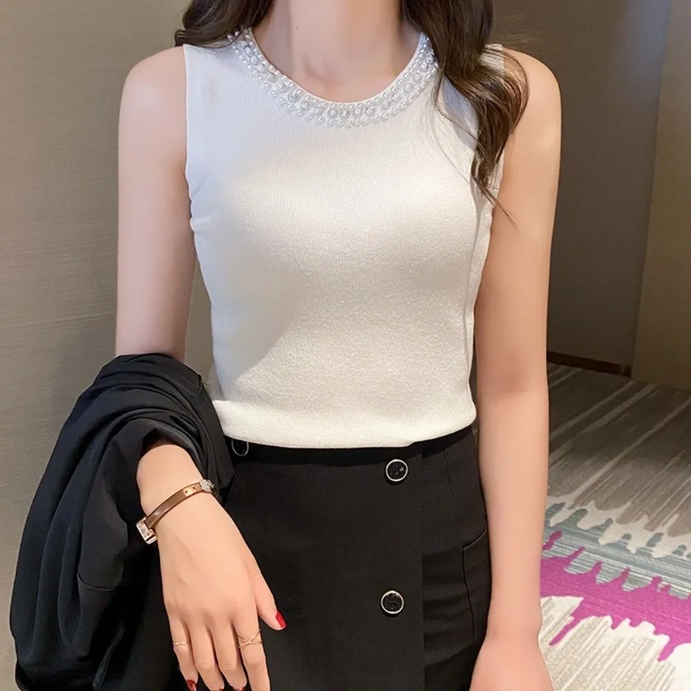 

Solid Color Sweet Women's Short Vest Summer Spring Round Neck Knitted Vest Top Pearl Sleeveless Top Club