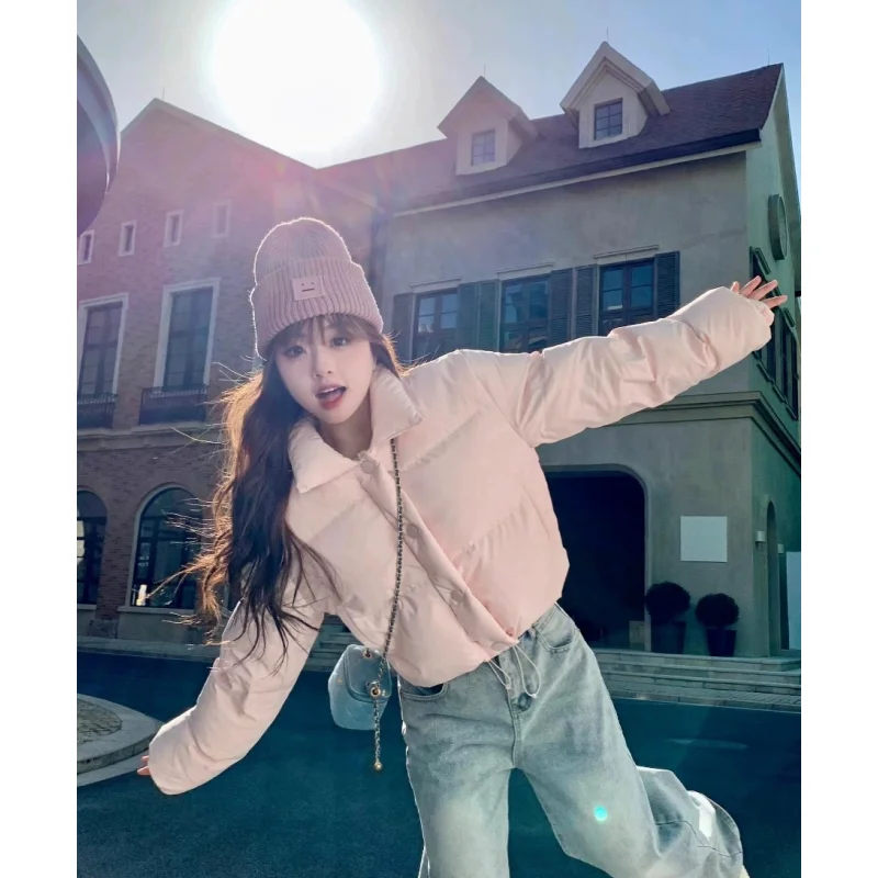 Pink Down Jacket Women Coat Solid Single Breasted Fashion American Streetwear Y2K Duck Down Feather Female Winter Short Outwear