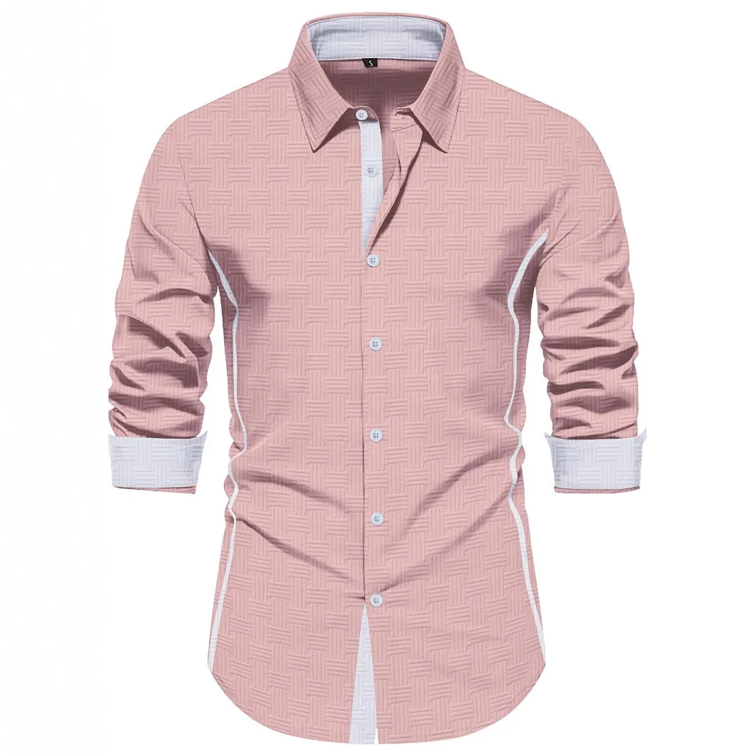 

2026 Spring New Men's Shirt Long Sleeve Button Down Social Business Casual Shirts for Men Color Blocked Jacquard Shirt