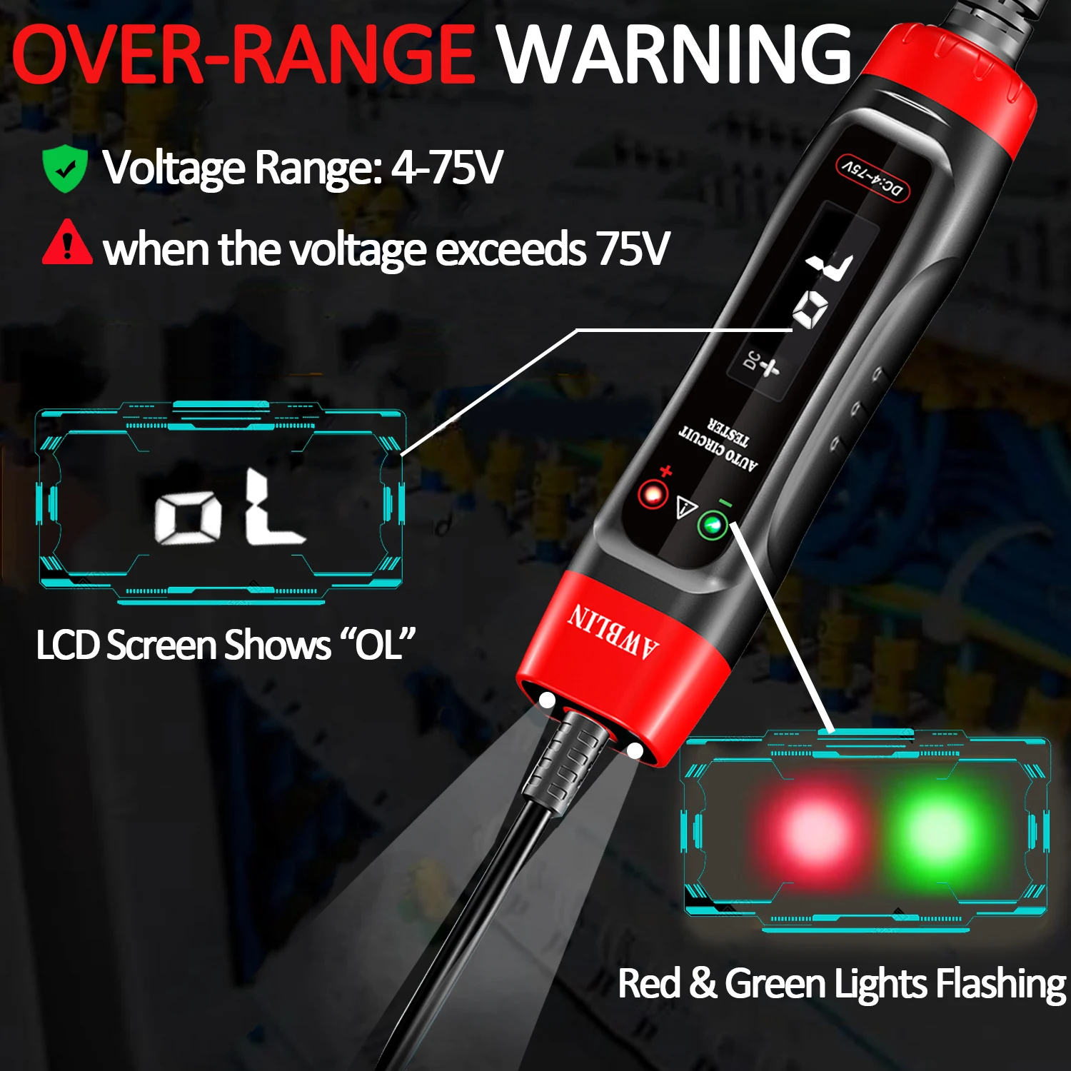 AWBLIN 4-75V DC Automotive Test Light with Buzzer Sound, LCD Digital Light Tester with Voltmeter, Heavy Duty Circuit Tester