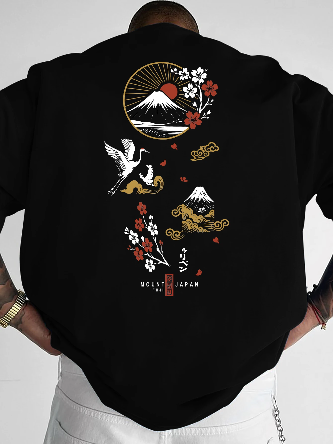 Men's Summer New Fashion Printed T-Shirt, Japanese Mount Fuji Crane Print, Machine Washable, S-XXL
