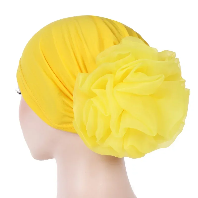 Helisopus Women Muslim Solid Color Turban Big Flower Design Headband Ladies Elastic Headwear Hair Loss Cover Accessories