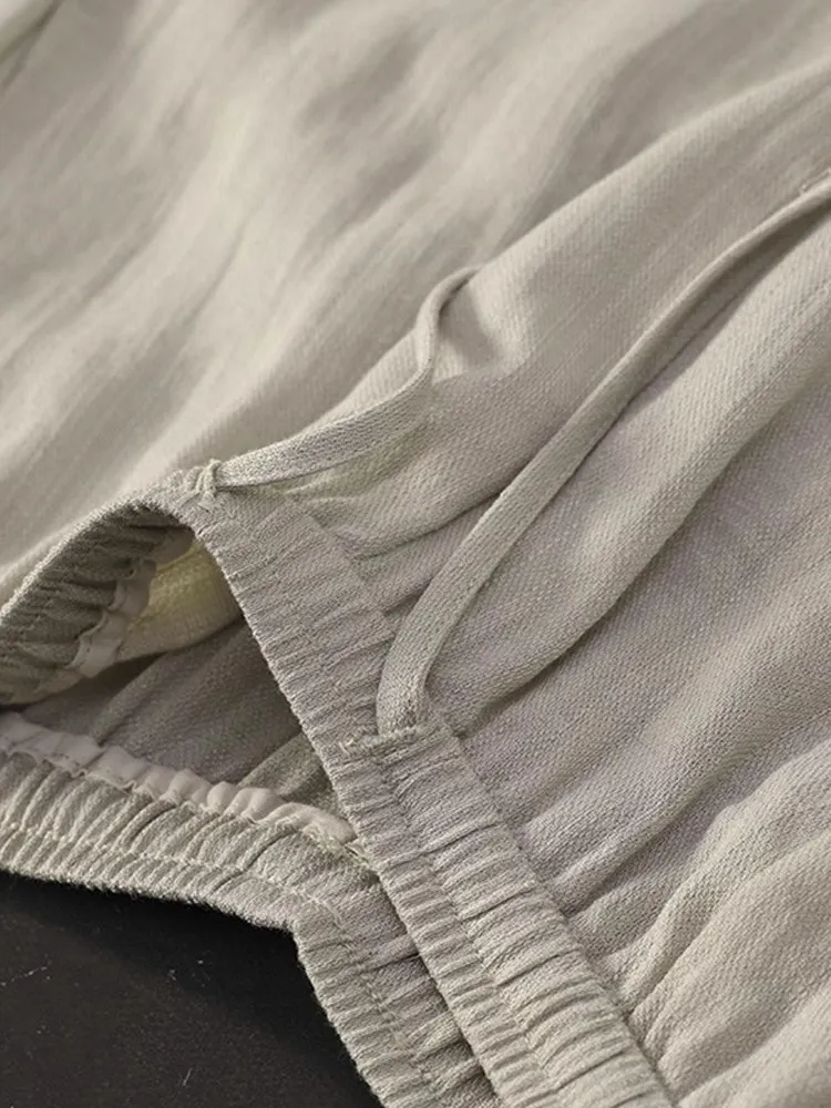 Pantaloni Casual in Misto Lino a Vita Alta, Gamba Larga, Elastico in Vita con Cordoncino, Taglio Dritto, Comodi e Ampi per Donna