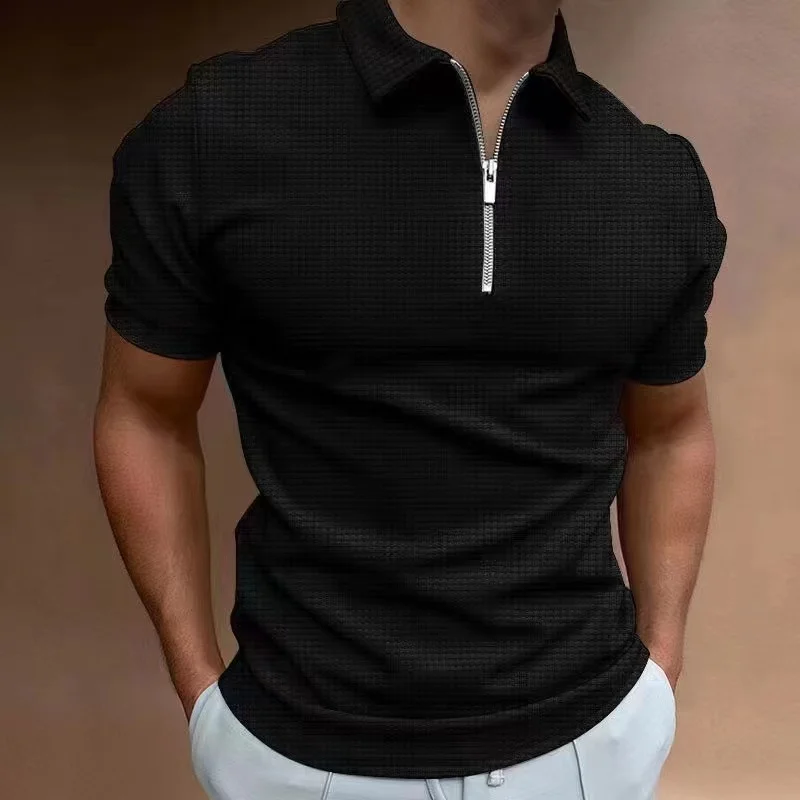 Hommes zip Waffle polo couleur unie t - shirt manches courtes chemise Casual Slim Summer 2023 jogging Fitness Jersey