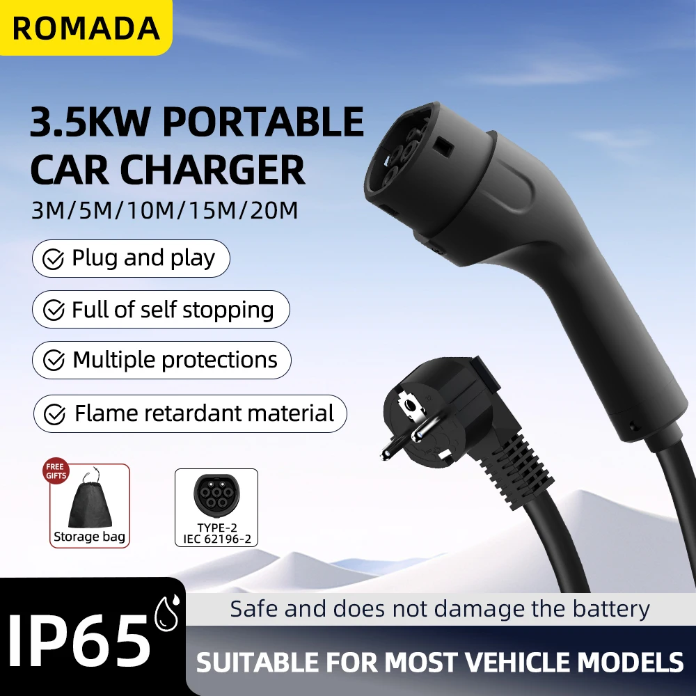 Tragbares 3,5 kW 16 A EV-Ladegerät 3M 5M 10M 15M 20M Kabel Typ2 IEC62196 EVSE EU-Stecker Wallbox-Adapter für Elektrofahrzeuge – Detail 1