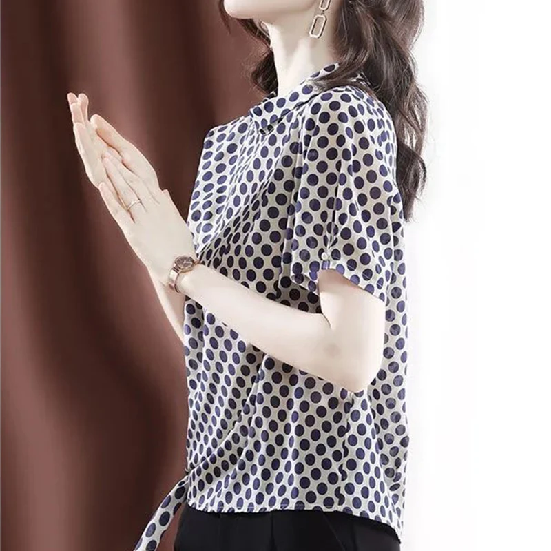 Elegant Fashion Polka dot Printing Button Bow Chiffon Shirt Summer 2023 O-Neck Short Sleeve Loose Pullover Blouse Women Clothing