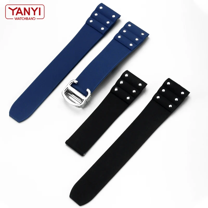 Rubber watchband For Cartier Santos watch strap 21mm Silicone bracelet Folding buckle Black Blue Wrist band