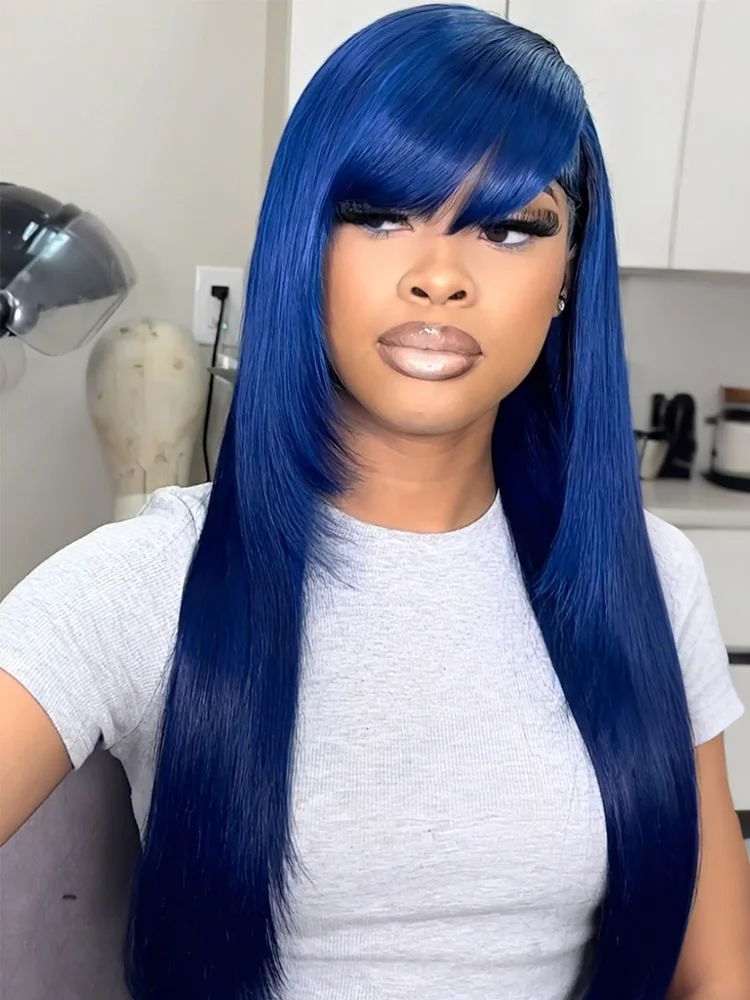 

Цветные синие длинные прямые парики Lekker из 100% натуральных человеческих волос с челкой для женщин, бразильские парики из волос Реми, без клея, для косплея, летние парики