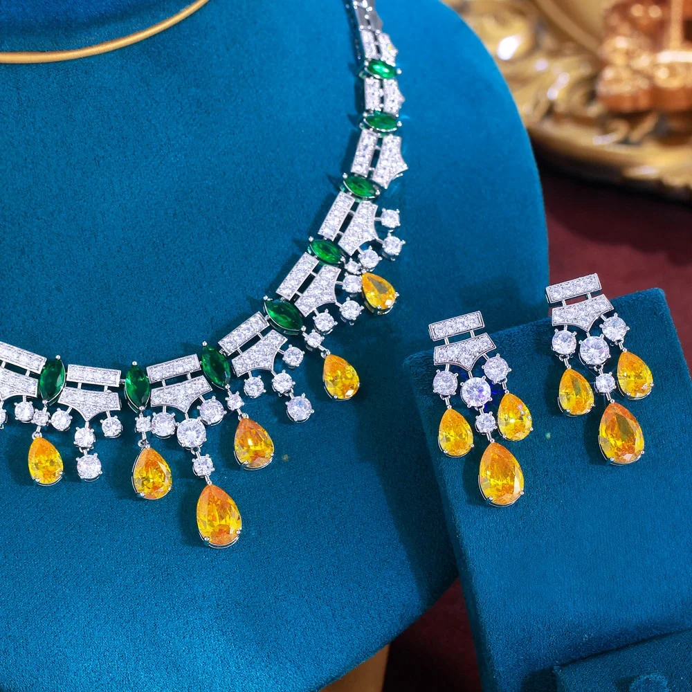 

Изысканный комплект украшений Pera: Желтое колье с кисточками и цирконами в форме капли, африканские серьги для свадьбы и вечеринок, женские ювелирные изделия JS003