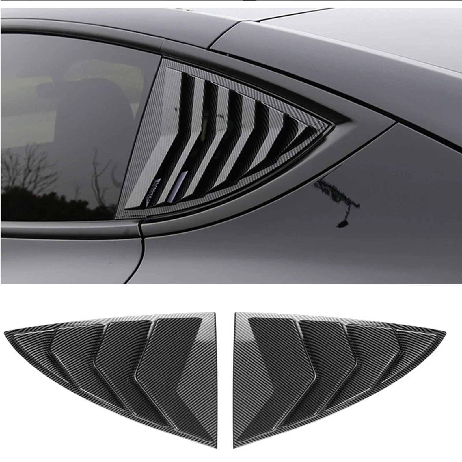 New!  Car Rear Side Window Louver Shutter Trim Cover For Tesla Model Y 2020-2022 Carbon Fiber Look Triangle Windshield Shades Bl