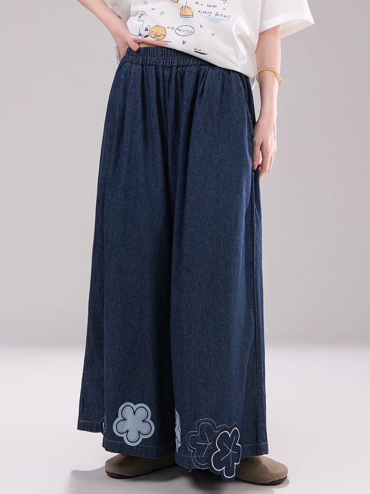Artistic Vintage Thin Wide Leg Denim Pants Women Summer Casual Loose Trousers Floral Patchwork Design Cotton High Waist Strai...